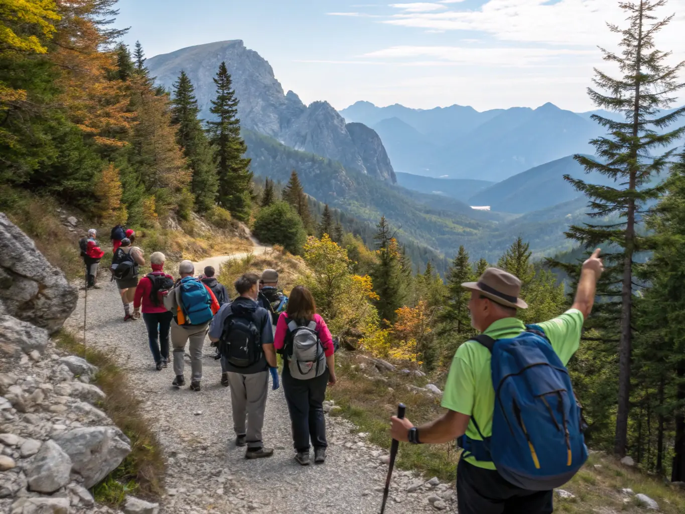 A serene image of a group of hikers traversing a mountain trail, emphasizing the hiking programs available at CHAMINADOUR.