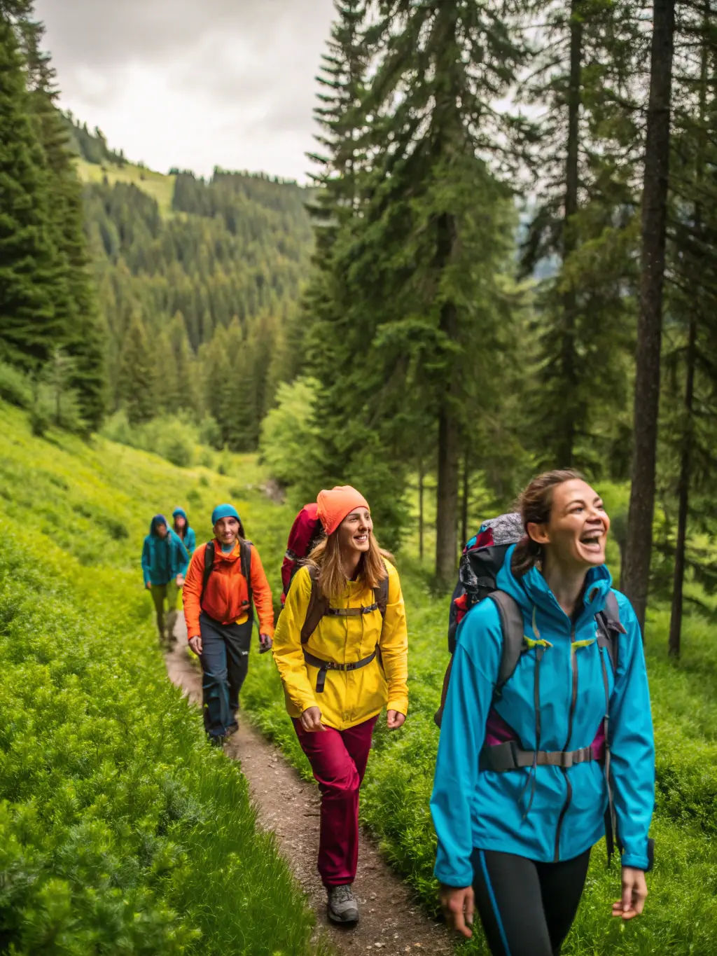 A group of hikers traversing a scenic trail in the French countryside, showcasing CHAMINADOUR's hiking program.