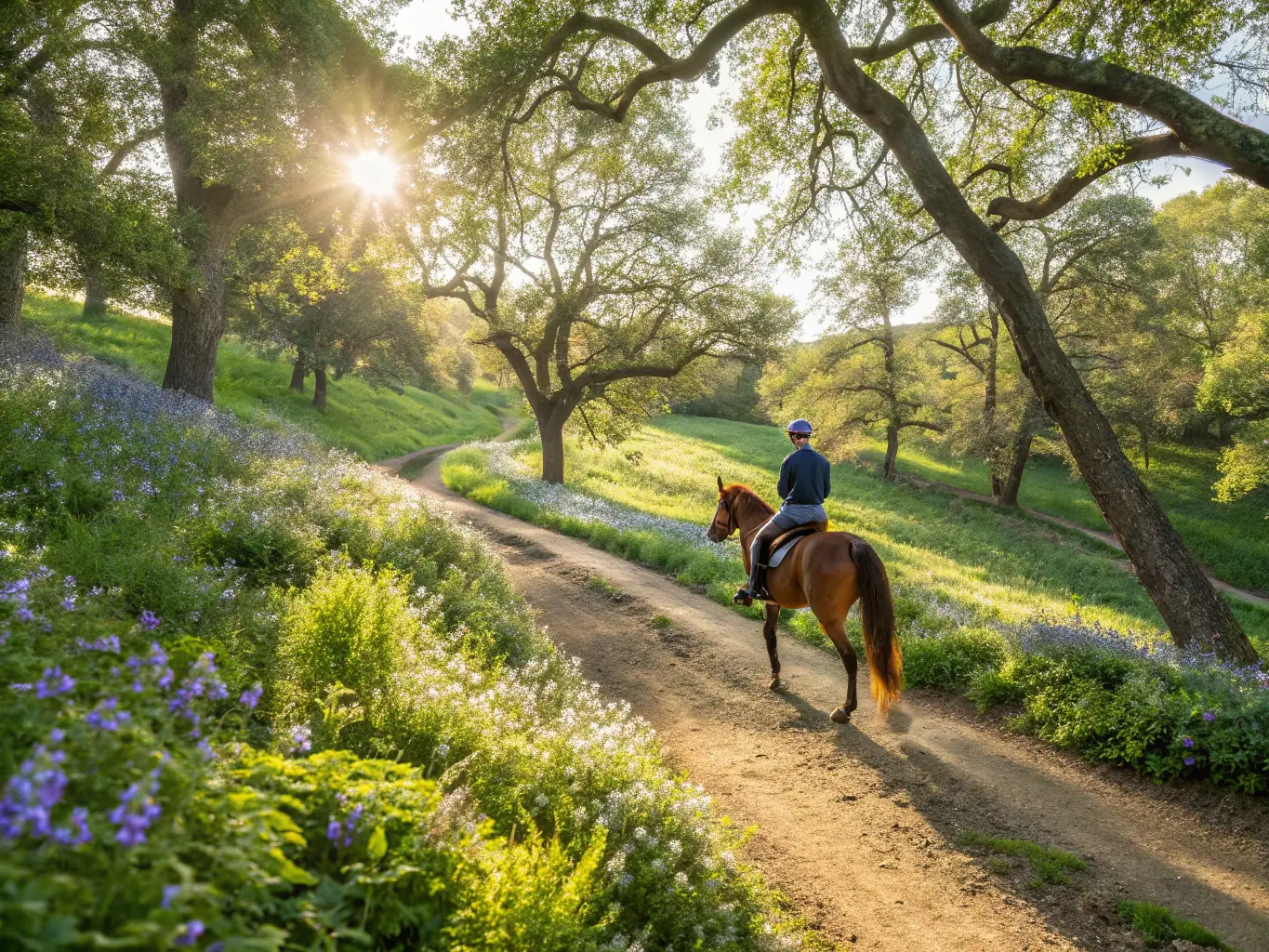 A person riding a horse through a forest, representing CHAMINADOUR's equestrian program.