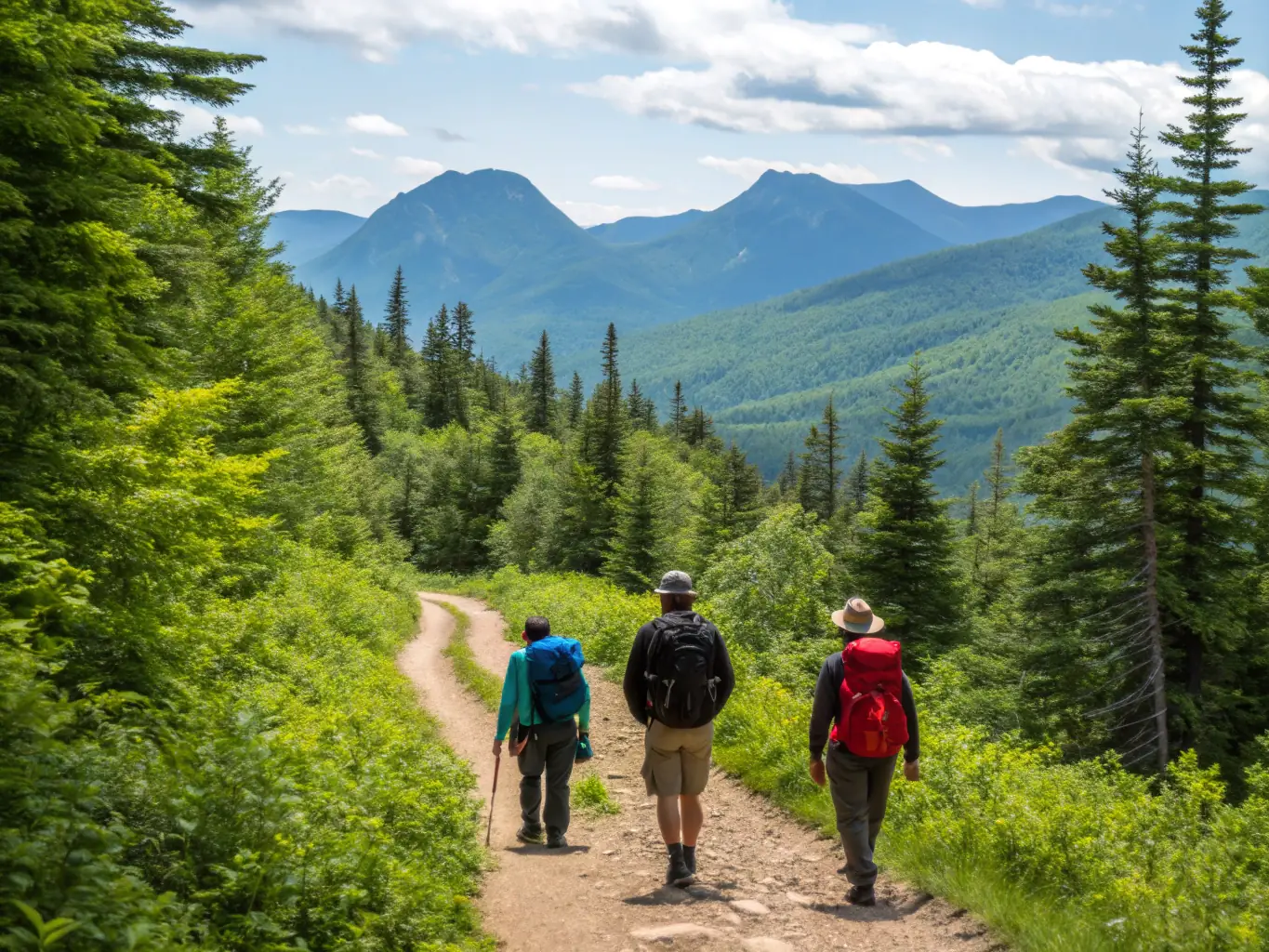 A group of hikers traversing a scenic trail in the French countryside, showcasing CHAMINADOUR's hiking program.