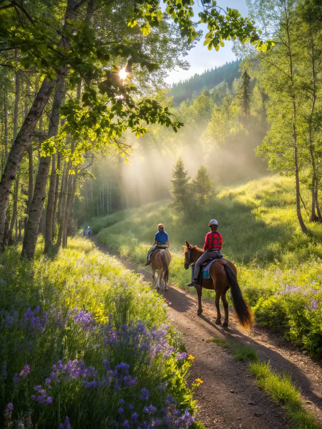 A person riding a horse through a forest, symbolizing CHAMINADOUR's equestrian program.