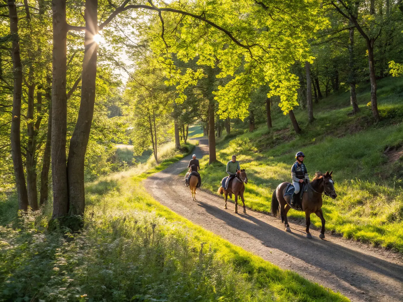 An inspiring image of a group of people enjoying a horseback riding tour through a forest, highlighting the equestrian activities provided by CHAMINADOUR.